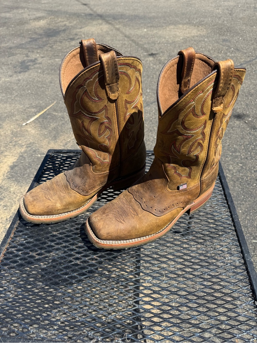 Double H Tan Leather Western Boots with Red Stitching
